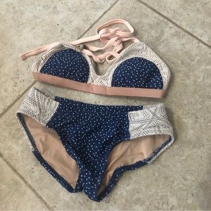 $189 Anthropologie Seea 2Pc Surf Hipster Bikini Navy Tan RARE Sz S